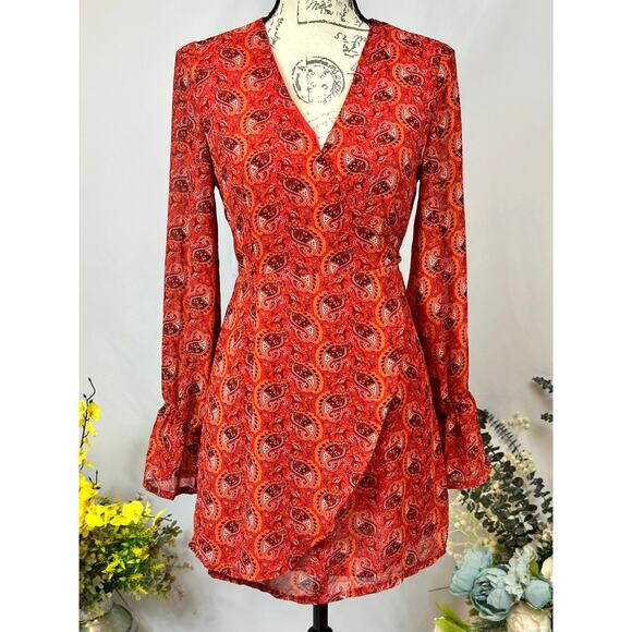 One Way Wrap Around Paisley Mini Dress Long Sleeves Red/Orange 12 - Picture 4 of 13